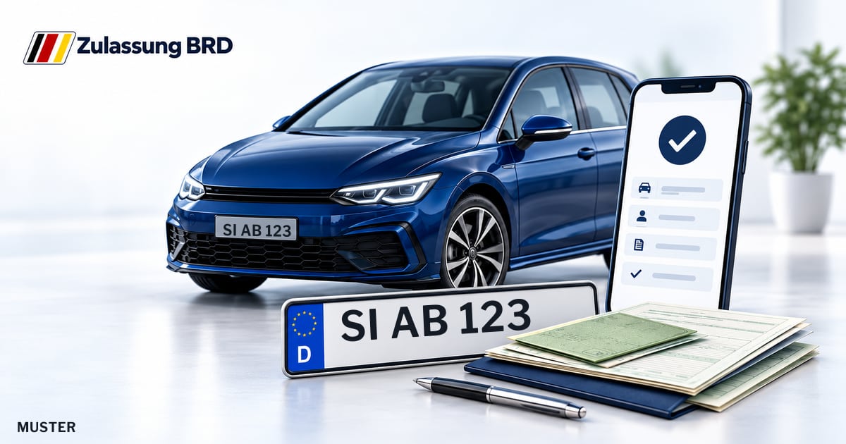 Online Fahrzeugzulassung in Hilchenbach: Musterkennzeichen SI AB 123, Auto und Fahrzeugpapiere und Smartphone. Illustration mit Logo von Zulassung BRD.